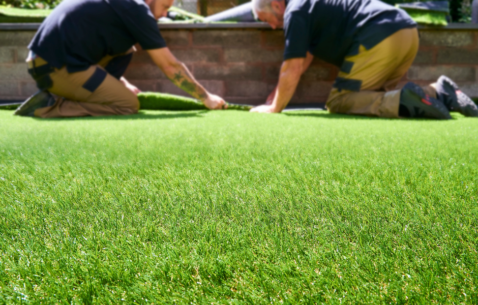 Trabajadores instalando césped artificial en un jardín